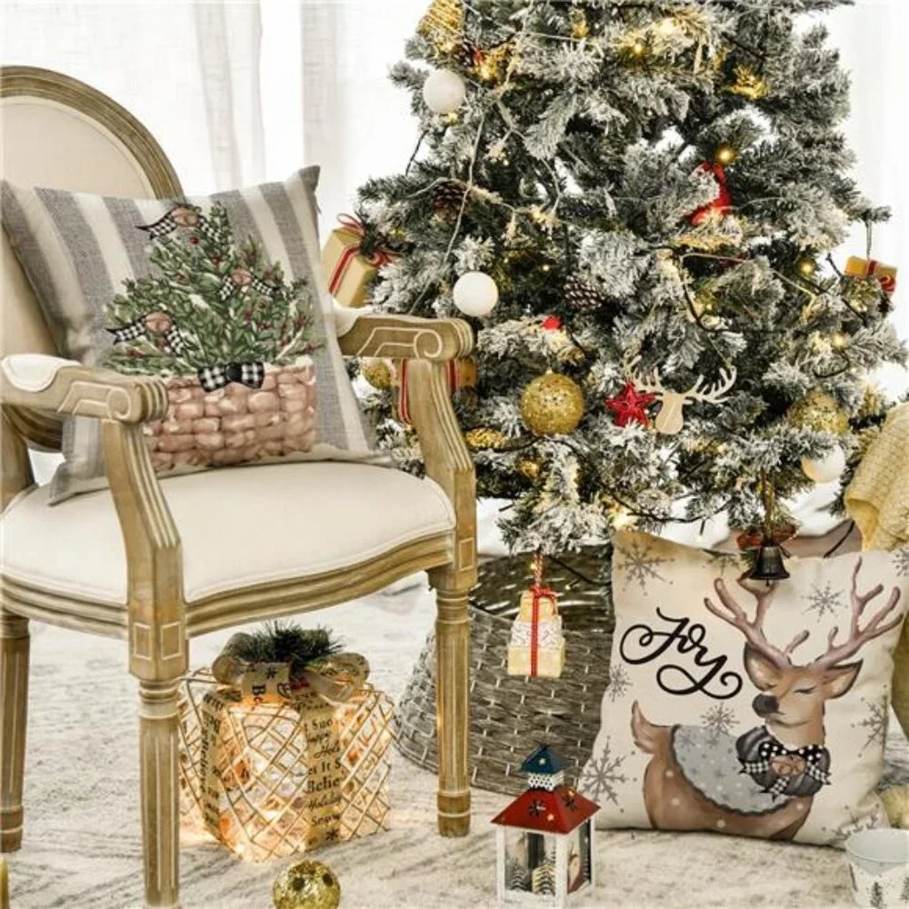 Set‎ of 4 Christmas Pillow Covers, 20x20 Snowman & Reindeer Eucalyptus Decor